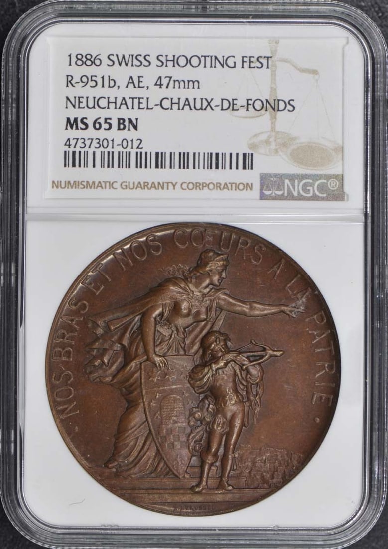 1886 Swiss Shooting Coin R-951b NGC MS65 Uncirculated 47mm: 1886 Swiss Shooting Coin R-951b NGC MS65 Uncirculated 47mm This 1886 Swiss Shooting R-951b coin is a remarkable piece, showcasing exceptional quality with a grade of MS65 from NGC. It is categorized a