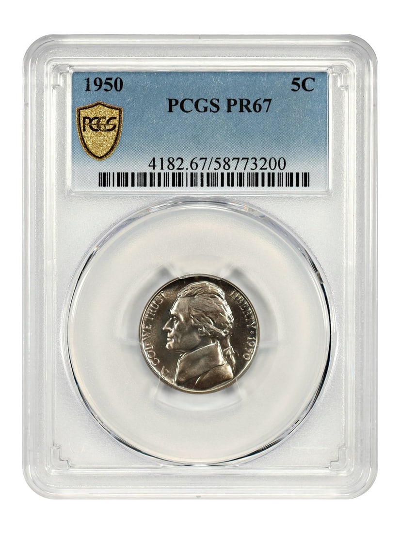 1950 Jefferson Nickel 5C PCGS PR67 Uncirculated Coin: 1950 Jefferson Nickel 5C PCGS PR67 Uncirculated Coin This 1950 Jefferson Nickel is a certified uncirculated coin, graded PR67 by PCGS, ensuring its high quality and excellent condition. Minted in Phil