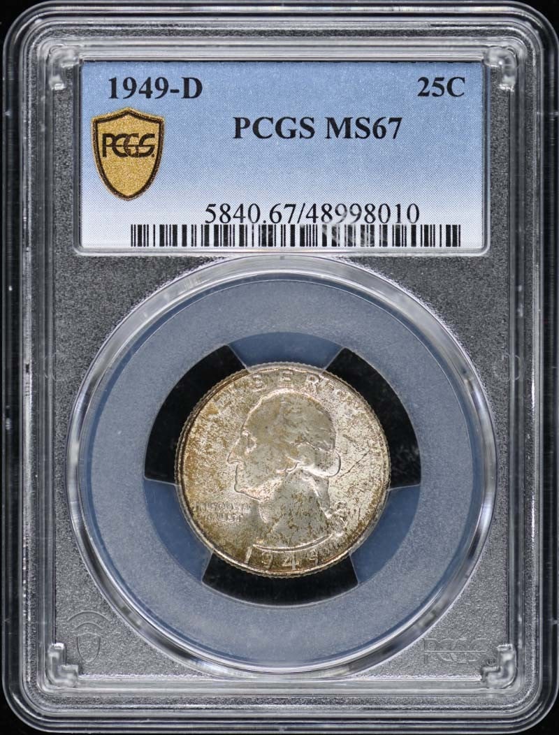 1949-D Washington Quarter PCGS MS67 Uncirculated Denver Mint: 1949-D Washington Quarter PCGS MS67 Uncirculated Denver Mint This 1949-D Washington Quarter is certified by PCGS with a remarkable grade of MS67, indicating it is in uncirculated condition. Minted in