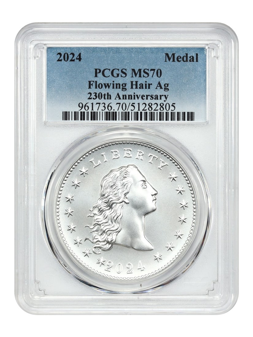 2024 Flowing Hair Silver Medal PCGS MS70 Uncirculated Commemorative: 2024 Flowing Hair Silver Medal PCGS MS70 Uncirculated Commemorative This 2024 Flowing Hair Silver Medal is a remarkable tribute to American coinage celebrating its 230th Anniversary. Graded MS70 by PC