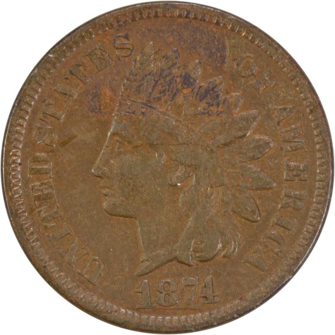 1874 Indian Head Cent VF Uncertified Copper Coin: 1874 Indian Head Cent VF Uncertified Copper Coin This 1874 Indian Cent is a remarkable piece of numismatic history, featuring the iconic Indian Head design. The coin, struck in Philadelphia, showcases