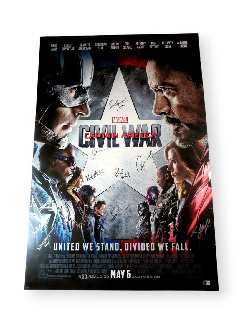 Captain America Civil War Signed 27x40 Poster by Boseman Downey Jr. BAS Authenticated: Captain America Civil War Signed 27x40 Poster by Boseman Downey Jr. BAS Authenticated This original Captain America Civil War poster measures 27" x 40" and features signatures from a star-studded cast