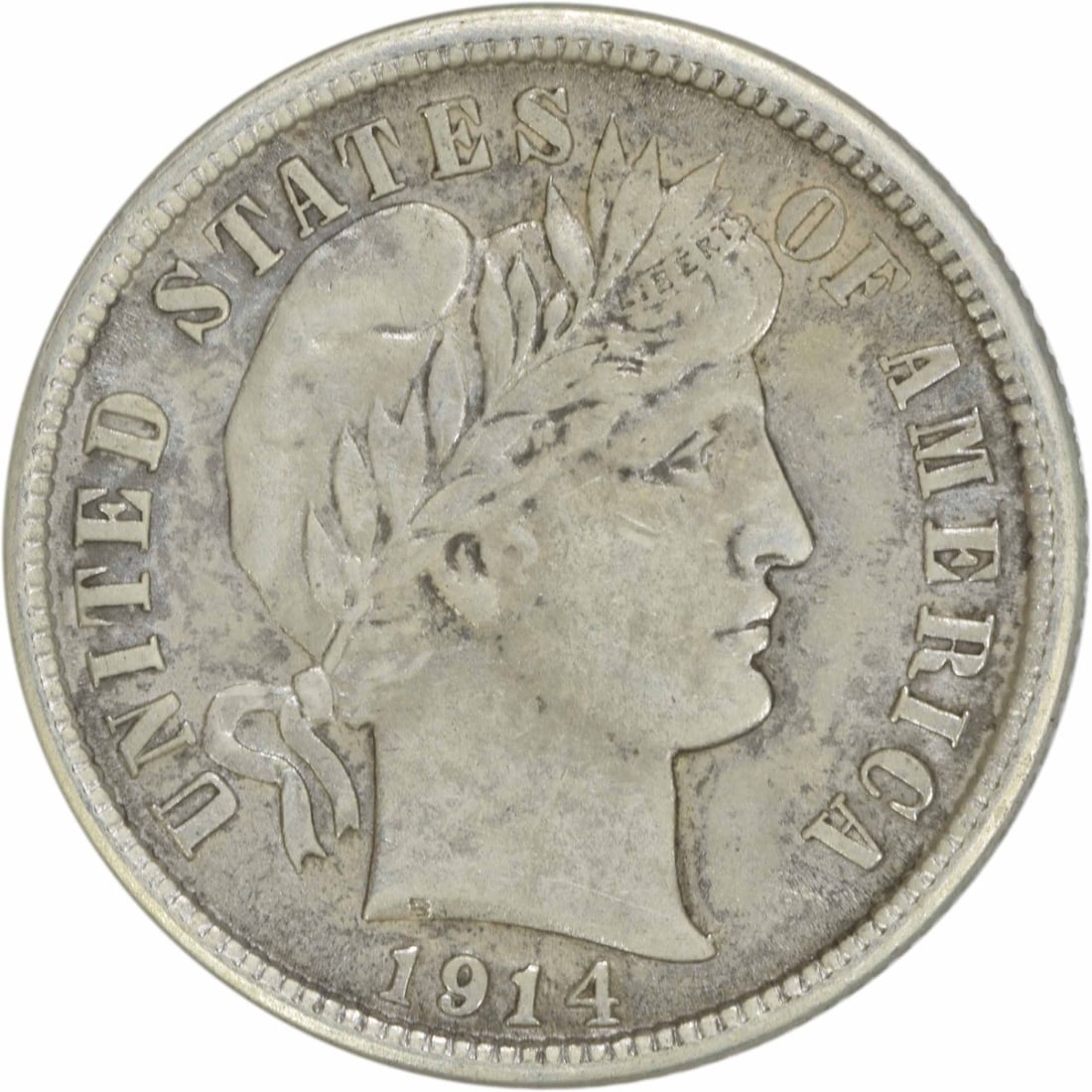 1914 Barber Silver Dime AU Uncertified 10C Coin: 1914 Barber Silver Dime AU Uncertified 10C Coin This 1914 Barber Silver Dime is a remarkable piece of American history, featuring the iconic design by Charles E. Barber. It is in About Uncirculated (A
