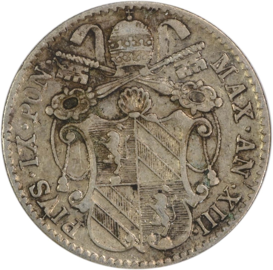 1858 Papal States 5 Baiocchi KM1341B EF Uncertified Coin: 1858 Papal States 5 Baiocchi KM1341B EF Uncertified Coin This historical 1858 5 Baiocchi coin from the Papal States, identified by KM number 1341B, showcases an impressive EF (Extremely Fine) grade. A