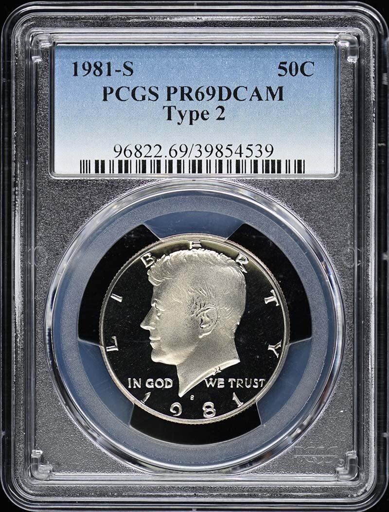 1981-S Kennedy Half Dollar Type 2 PCGS PR69DCAM Uncirculated: 1981-S Kennedy Half Dollar Type 2 PCGS PR69DCAM Uncirculated This 1981-S Kennedy Half Dollar is a Type 2 coin, certified by PCGS with a pristine grade of PR69DCAM. It features an uncirculated proof st