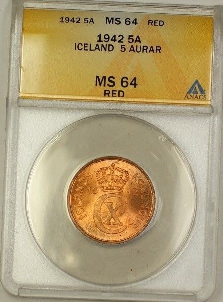 1942 Iceland 5A Copper Coin ANACS MS 64 Uncirculated: 1942 Iceland 5A Copper Coin ANACS MS 64 Uncirculated This 1942 Iceland 5A Five Aurar coin is a remarkable example of uncirculated copper currency, certified by ANACS with a grade of MS 64. This coin f