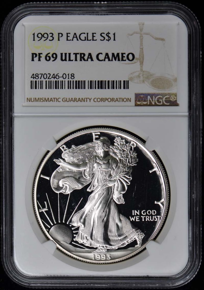 1993 American Eagle Silver Dollar NGC PR69DCAM Philadelphia Mint: 1993 American Eagle Silver Dollar NGC PR69DCAM Philadelphia Mint This 1993 American Eagle silver dollar is a stunning piece, graded PR69 by the Numismatic Guaranty Corporation (NGC), showcasing its su