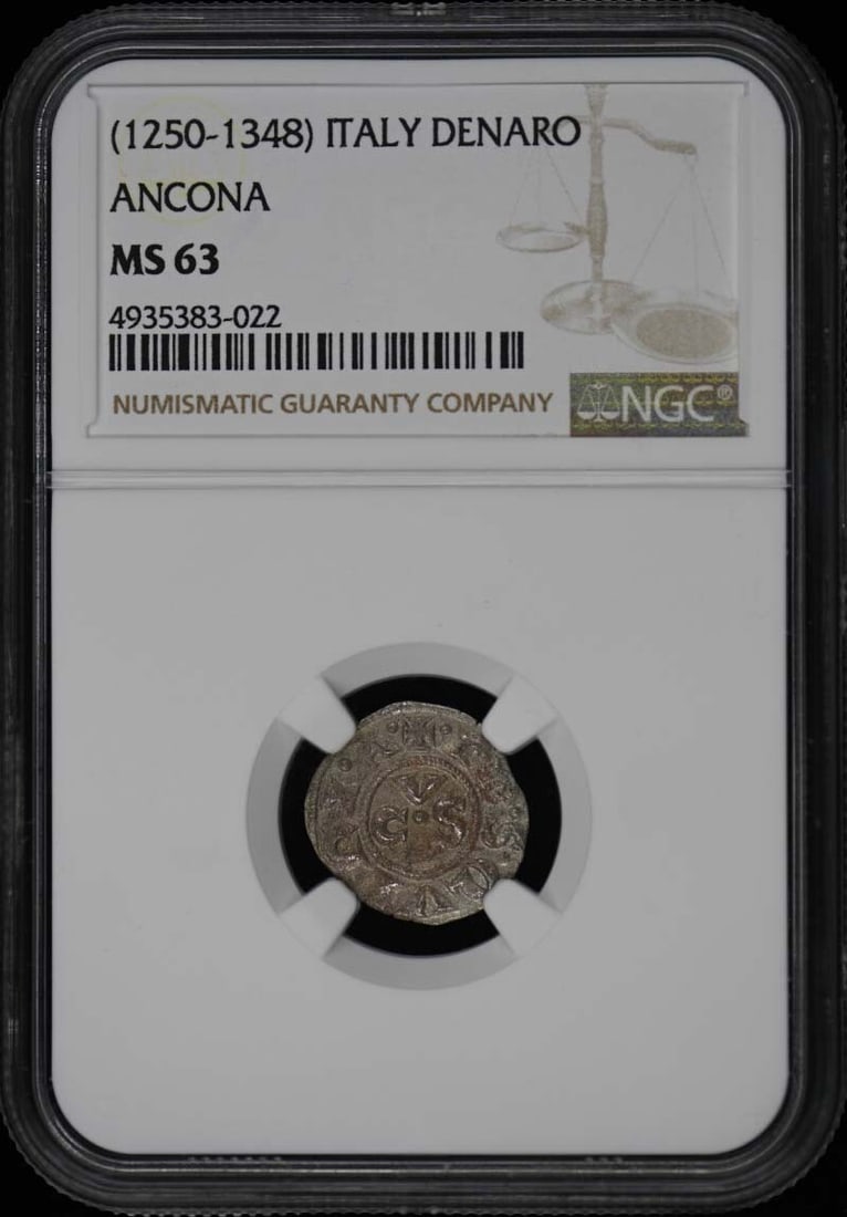 1250-1348 Ancona Denaro Coin NGC MS63 Uncirculated: 1250-1348 Ancona Denaro Coin NGC MS63 Uncirculated This uncirculated Denaro coin from Ancona, Italy, dating back to the years 1250-1348, showcases a remarkable MS63 grade as certified by NGC. Its pris