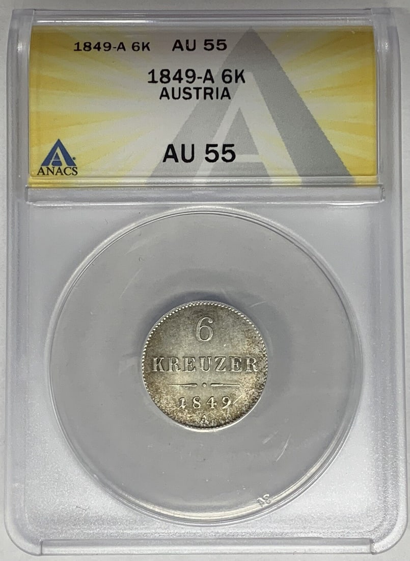 1849 Austria 6 Kreuzer Silver Coin ANACS AU 55: 1849 Austria 6 Kreuzer Silver Coin ANACS AU 55 This 1849 Austria 6 Kreuzer coin is a remarkable piece of history, showcasing the intricate craftsmanship typical of the era. Composed of silver, this co