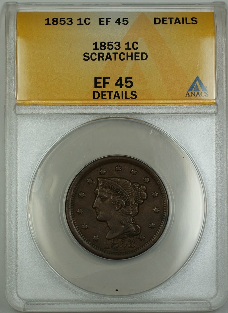 1853 Braided Hair Large Cent 1c ANACS EF-45 Copper Coin: 1853 Braided Hair Large Cent 1c ANACS EF-45 Copper Coin This 1853 Braided Hair Large Cent, graded EF-45 Details by ANACS, features a beautiful copper composition. Minted in Philadelphia, this coin has