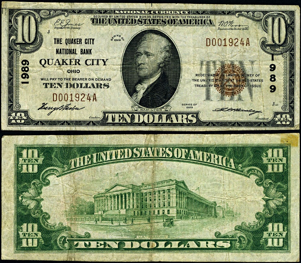 1929 T-1 $10 National Bank Note Quaker City Ohio Ch #1989: 1929 T-1 $10 National Bank Note Quaker City Ohio Ch #1989 This $10 National Bank Note from Quaker City, Ohio, is from the year 1929 T-1 and is graded as Very Fine (VF). It has been circulated and pres