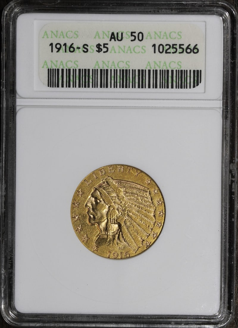 1916-S Indian Head $5 Half Eagle Gold Coin ANACS Certified (1 of 4)