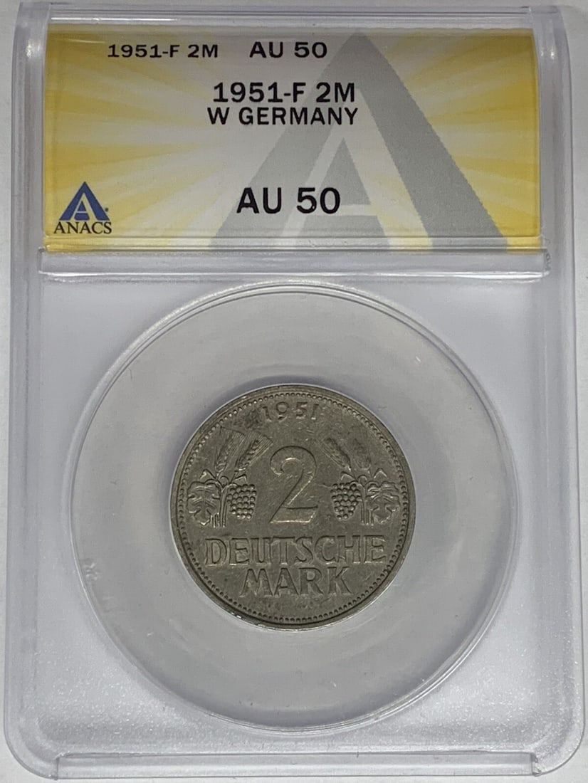 1951-F Germany 2 Mark Coin AU 50 ANACS Certified: 1951-F Germany 2 Mark Coin AU 50 ANACS Certified This 1951-F Germany 2 Mark coin is a significant piece from the historical period of West & Unified Germany (1949-Now). Graded AU 50 by ANACS, this coi