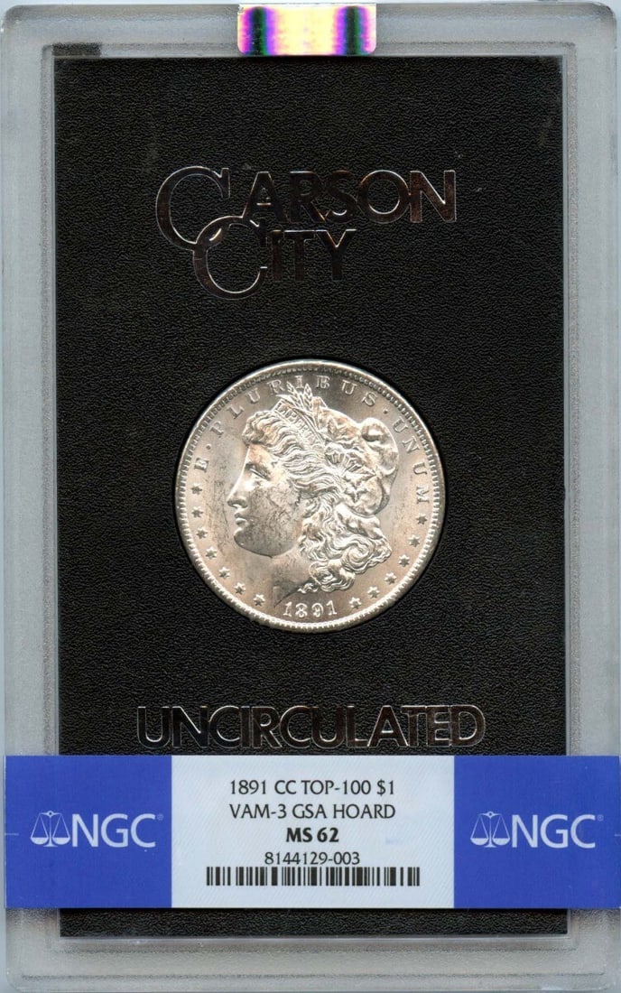 1891-CC Morgan Dollar VAM-3 GSA Hoard NGC MS62 Top-100: 1891-CC Morgan Dollar VAM-3 GSA Hoard NGC MS62 Top-100 This 1891-CC Morgan Dollar is a remarkable piece from the Carson City Mint, showcasing its Uncirculated condition with a grade of MS62, certified