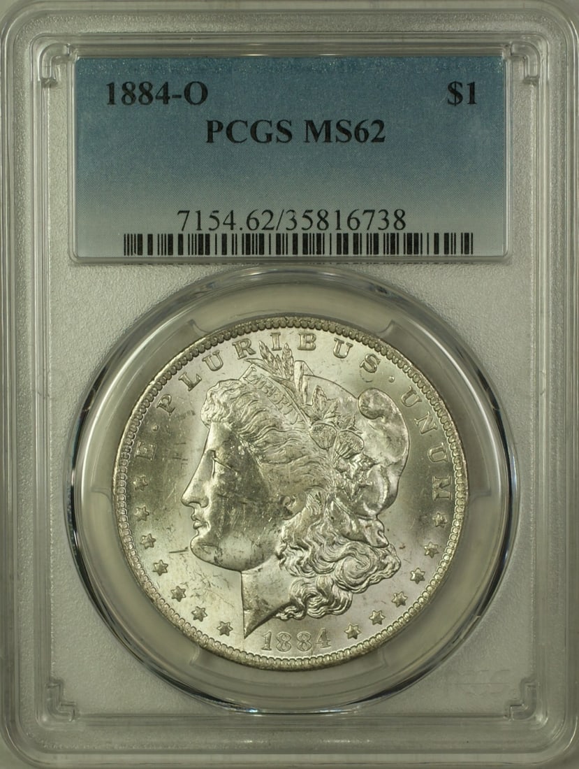 1884-O Morgan Silver Dollar Coin PCGS MS62 Uncirculated Silver: 1884-O Morgan Silver Dollar Coin PCGS MS62 Uncirculated Silver This 1884-O Morgan Silver Dollar is a stunning example of American coinage, featuring a beautiful design that showcases Lady Liberty and