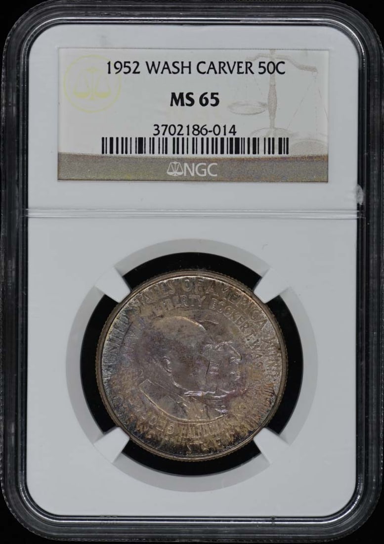 Washington-Carver 1952 Silver Commemorative 50C NGC MS65 Uncirculated: Washington-Carver 1952 Silver Commemorative 50C NGC MS65 Uncirculated This Washington-Carver 1952 Silver Commemorative 50C coin features an uncirculated grade of MS65, certified by NGC. Minted in Phil
