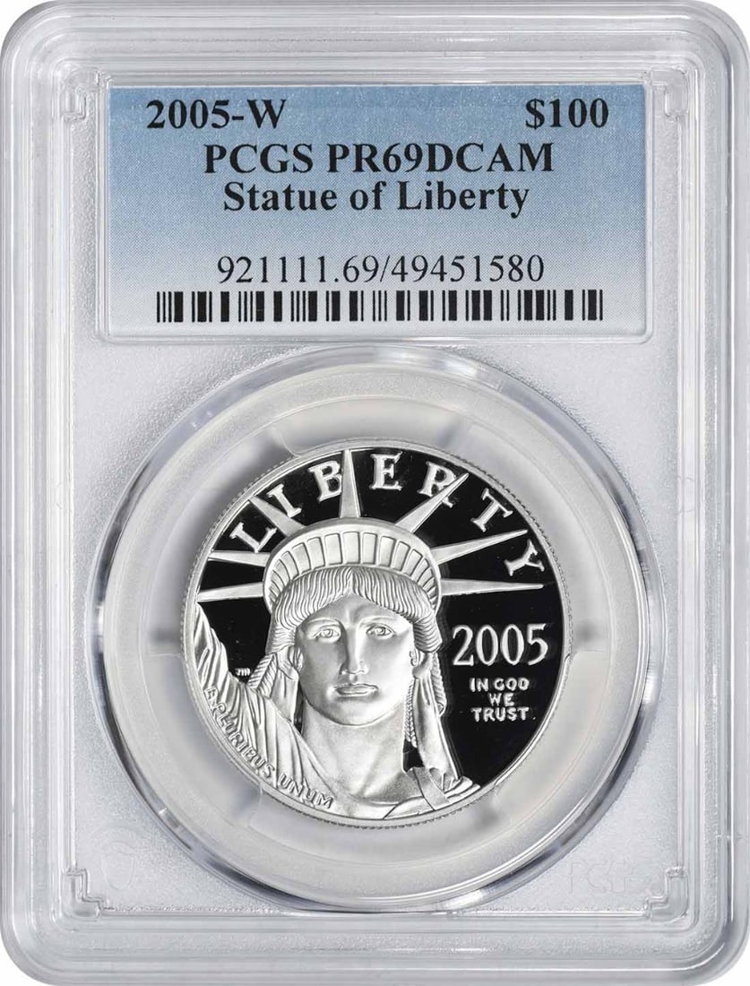 2005-W $100 American Platinum Eagle PR69DCAM Coin Statue of Liberty: 2005-W $100 American Platinum Eagle PR69DCAM Coin Statue of Liberty This 2005-W $100 American Platinum Eagle coin is a stunning piece with a perfect PR69DCAM grade from PCGS. It features the iconic St