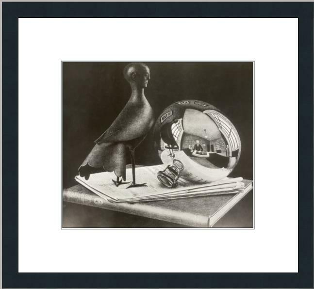 M.C. Escher Still Life with Spherical Mirror Framed Print 1994 Surrealism Art: M.C. Escher Still Life with Spherical Mirror Framed Print 1994 Surrealism Art This custom gallery framed print features M.C. Escher's captivating work titled "Still Life with Spherical Mirror." Create