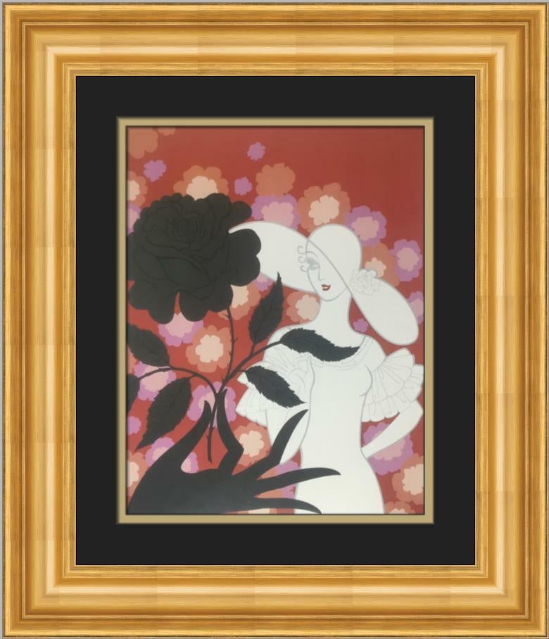 Erte Black Rose Art Deco Custom Framed Lithograph 18 x 21: Erte Black Rose Art Deco Custom Framed Lithograph 18 x 21 This exquisite Erte Black Rose print embodies the elegance of Art Deco style, showcasing the iconic black rose figures. Measuring 21 inches in