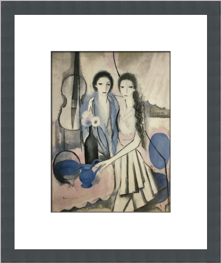 Marie Laurencin Two Sisters with a Cello Custom Framed Lithograph Print: Marie Laurencin Two Sisters with a Cello Custom Framed Lithograph Print This exquisite custom framed print titled "Two Sisters with a Cello" by artist Marie Laurencin captures a serene moment with fig