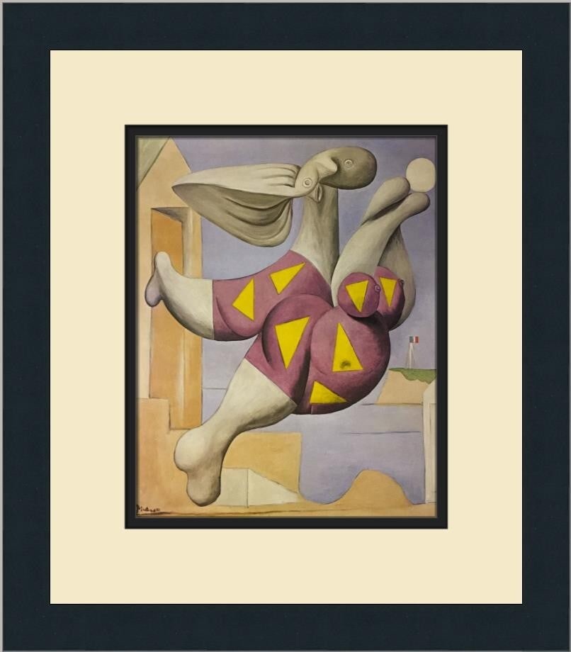 Pablo Picasso Bather with Beach Ball Custom Framed Art Print: Pablo Picasso Bather with Beach Ball Custom Framed Art Print This stunning custom framed print features Pablo Picasso's iconic artwork "Bather with Beach Ball." Measuring 14 in x 13 in overall, this m