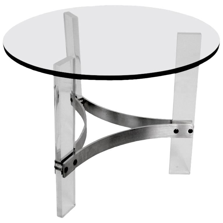 Charles Hollis Jones Lucite Base Table with Glass Top: Charles Hollis Jones Lucite Base Table with Glass Top This exquisite table designed by Charles Hollis Jones features a striking Lucite base supported by three elegant legs and an aluminum stretcher. T