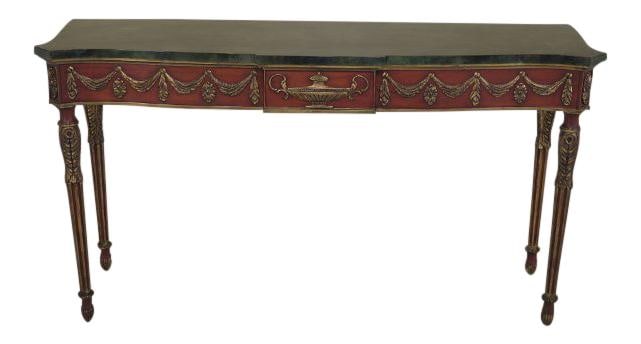 1990s John Widdicomb Console with Faux Marble Top and Gold Gilt: 1990s John Widdicomb Console with Faux Marble Top and Gold Gilt This exquisite vintage console by John Widdicomb features a striking faux marble top, showcasing fine carved details and gold gilt highl
