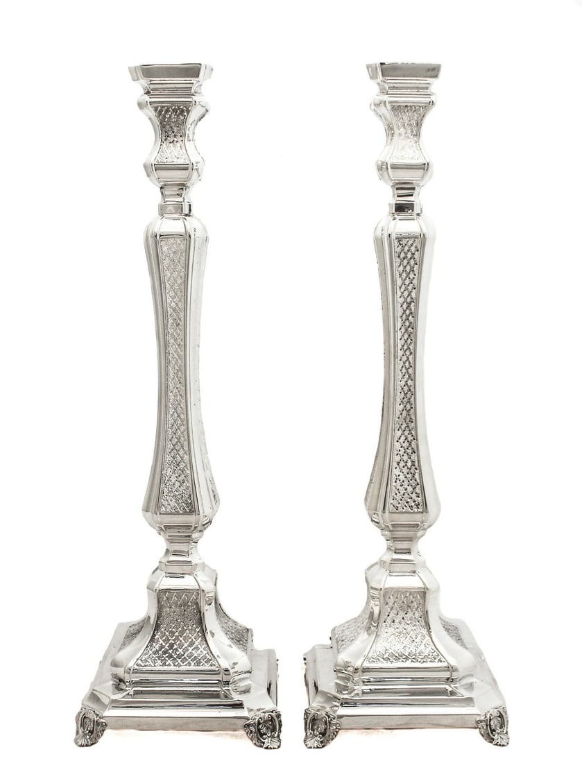 Elegant Handcrafted 925 Sterling Silver Diamond Cut Square Candlesticks Pair: Elegant Handcrafted 925 Sterling Silver Diamond Cut Square Candlesticks Pair Illuminate your space with these exquisite handcrafted diamond cut square candlesticks made from fine 925 sterling silver.
