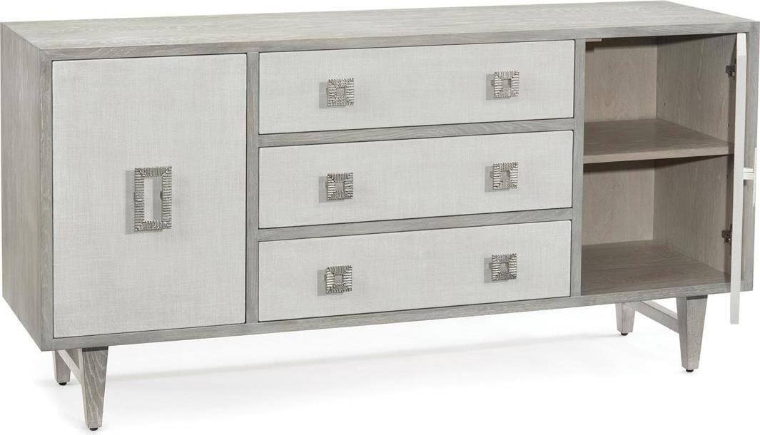 John-Richard Chepstow Gray Oak Silvered French Sideboard: John-Richard Chepstow Gray Oak Silvered French Sideboard This elegant sideboard showcases a stunning gray oak silvered finish, complemented by soft-closing hinges and luxurious linen drawer fronts, ma