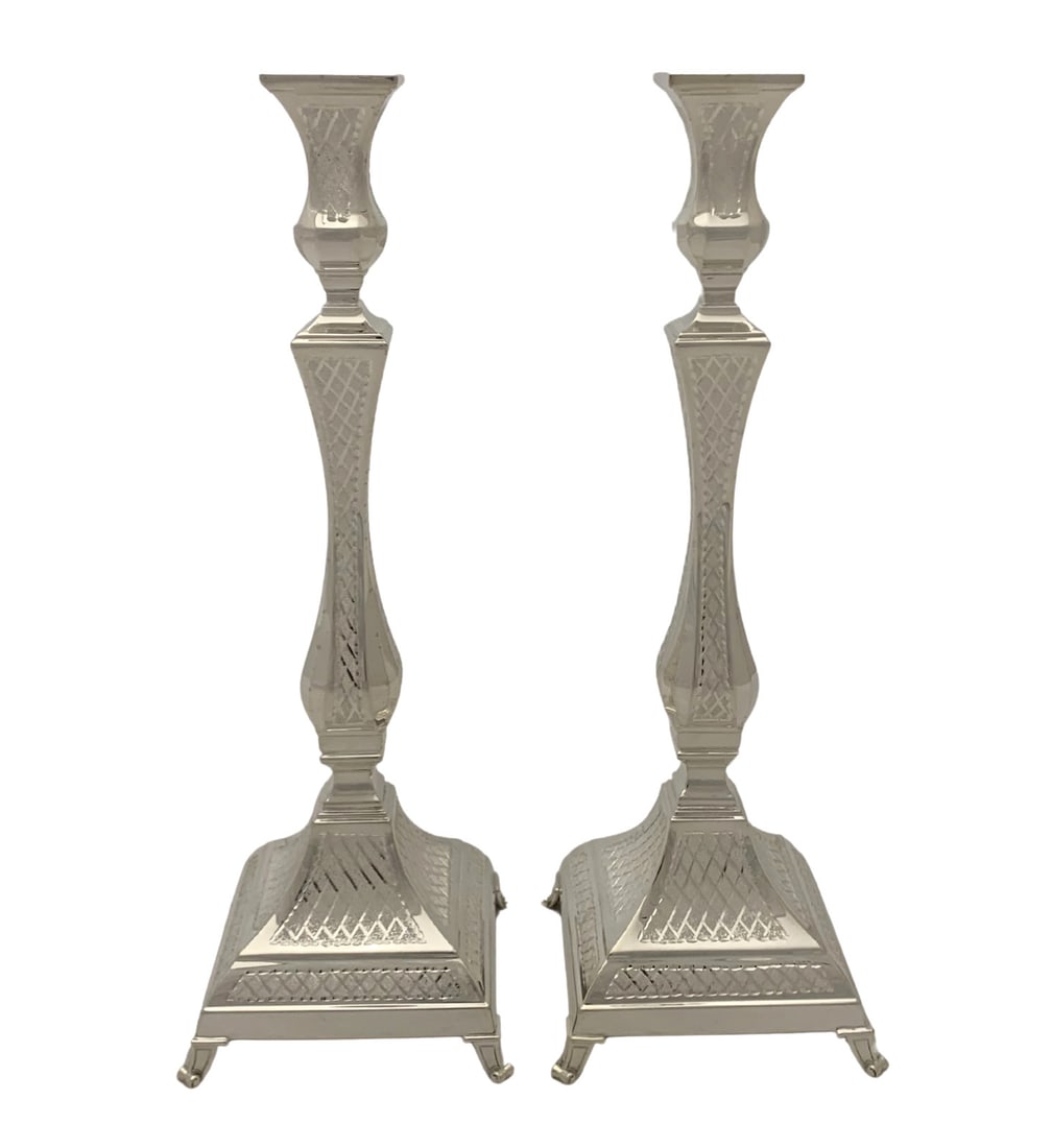 Handmade Modern 925 Sterling Silver Diamond Cut Square Candlesticks: Handmade Modern 925 Sterling Silver Diamond Cut Square Candlesticks Enhance your home decor with these exquisite handmade modern candlesticks crafted from fine 925 sterling silver. Featuring a sleek s