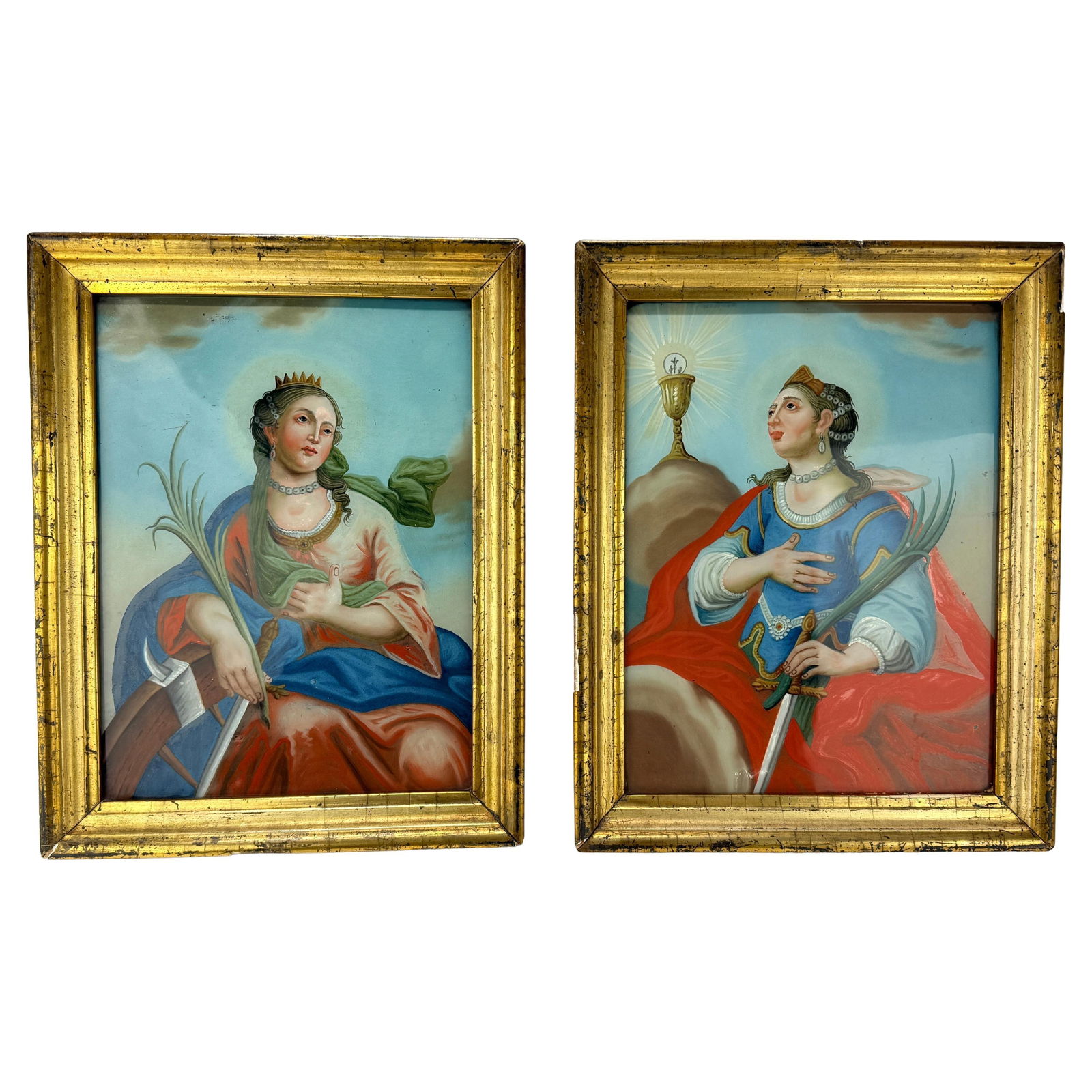 19th Century Saint Barbara Reverse Glass Paintings Set of 2: 19th Century Saint Barbara Reverse Glass Paintings Set of 2 This stunning pair of 19th-century allegorical reverse glass paintings depicts Saint Barbara, a revered Christian martyr and patron saint of