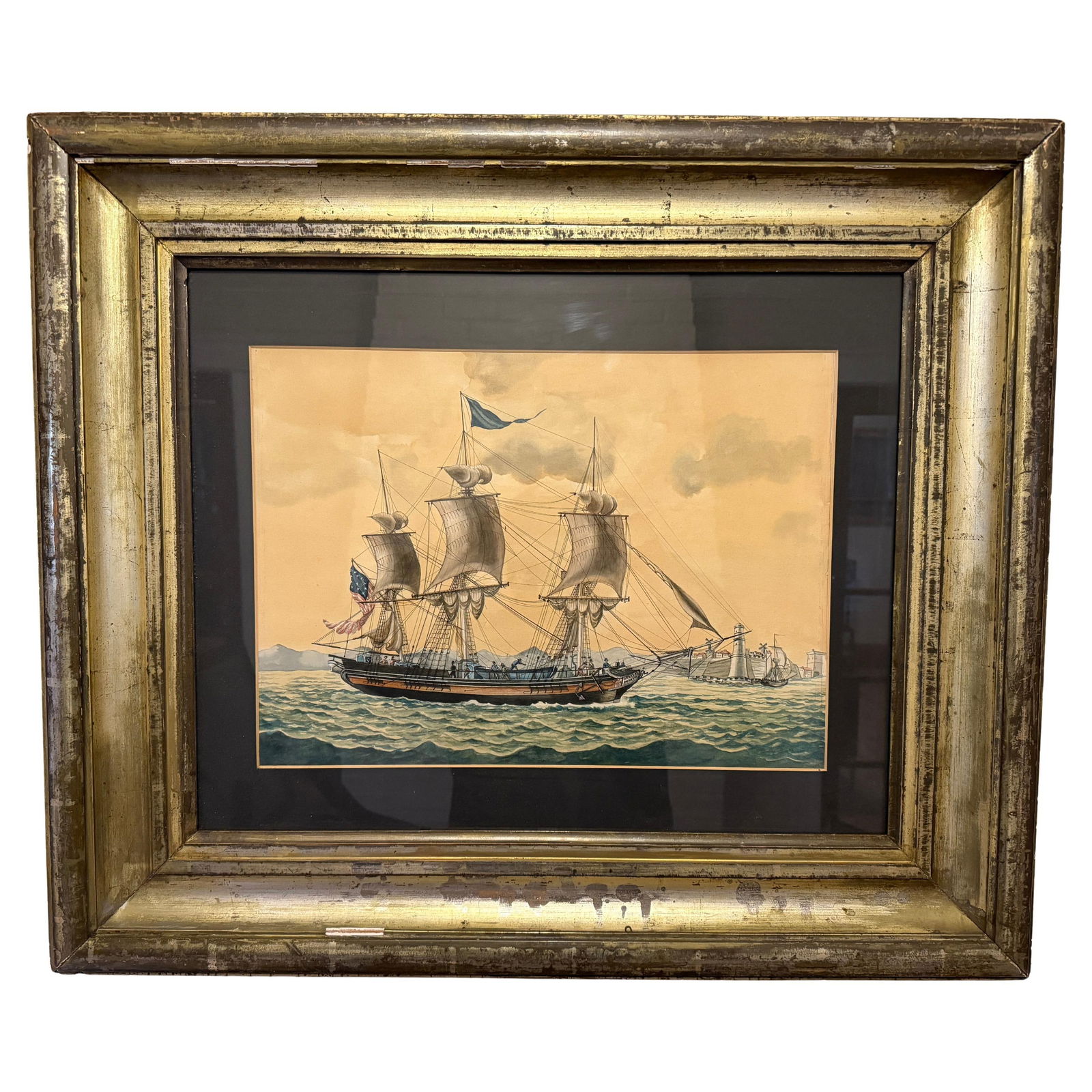19th Century American Watercolor The Monk Nautical Ship Artwork: 19th Century American Watercolor The Monk Nautical Ship Artwork This exquisite 19th-century American watercolor titled "The Monk" presents a captivating maritime scene of the ship in full sail, gracef