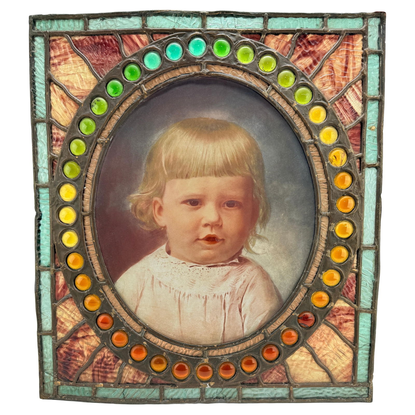 Antique Leaded Jeweled Glass Window Featuring Child Portrait C 1900: Antique Leaded Jeweled Glass Window Featuring Child Portrait C 1900 This exquisite Antique American Leaded & Jeweled Glass Window from circa 1900 features a stunning reverse glass portrait of a young