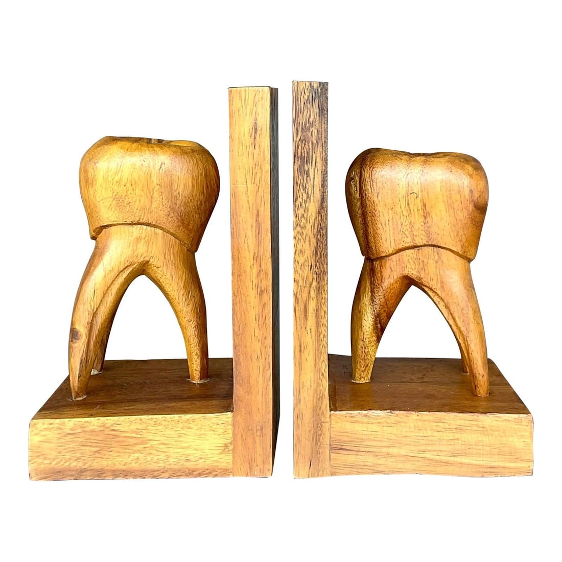Vintage Boho Wooden Tooth Bookends Pair Whimsical Decor: Vintage Boho Wooden Tooth Bookends Pair Whimsical Decor Enhance your decor with this charming pair of vintage Boho-style bookends, featuring unique hand-carved wooden tooth-shaped sculptures. Crafted