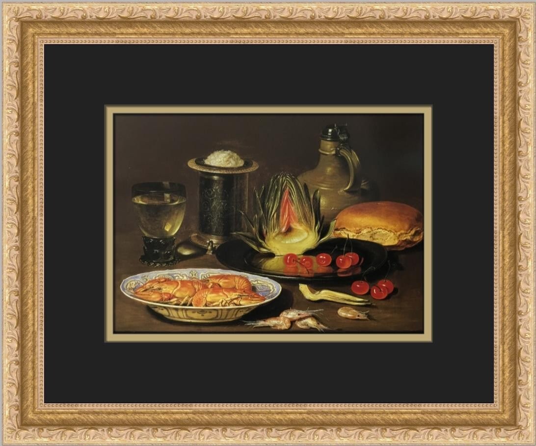 Clara Peeters Still-Life Crayfish Artichoke Custom Framed Print 12x15: Clara Peeters Still-Life Crayfish Artichoke Custom Framed Print 12x15 This exquisite custom framed print features Clara Peeters' captivating still-life titled "Still-Life with Crayfish and an Artichok