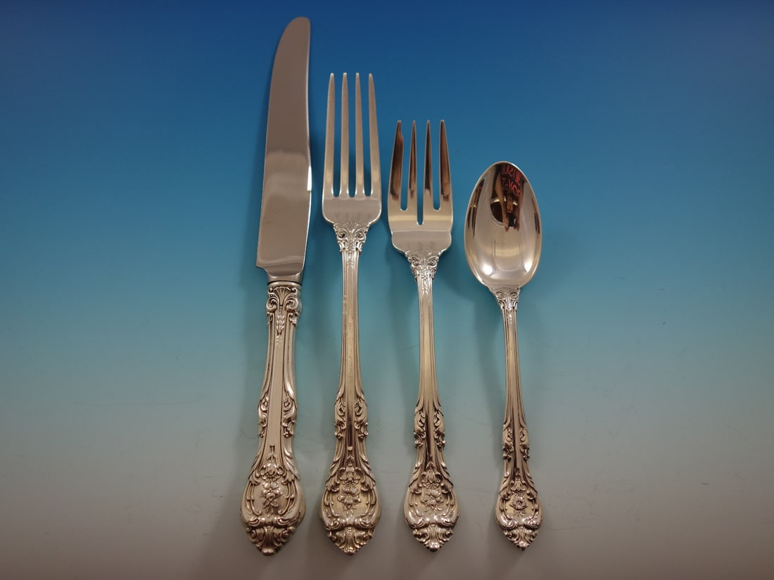 Gorham King Edward Sterling Silver Flatware Set for 8 32 pcs with Storage Chest: Gorham King Edward Sterling Silver Flatware Set for 8 32 pcs with Storage Chest Enhance your dining experience with the exquisite King Edward Sterling Silver Flatware Set by Gorham. This post-1940s se