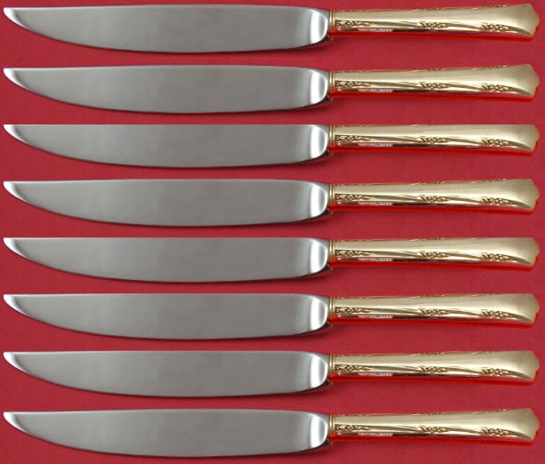Gorham Greenbrier Sterling Silver 8pc Steak Knife Set Not Serrated: Gorham Greenbrier Sterling Silver 8pc Steak Knife Set Not Serrated This exquisite Greenbrier by Gorham Sterling Silver Steak Knife Set includes eight pristine knives, each featuring a hollow handle cr