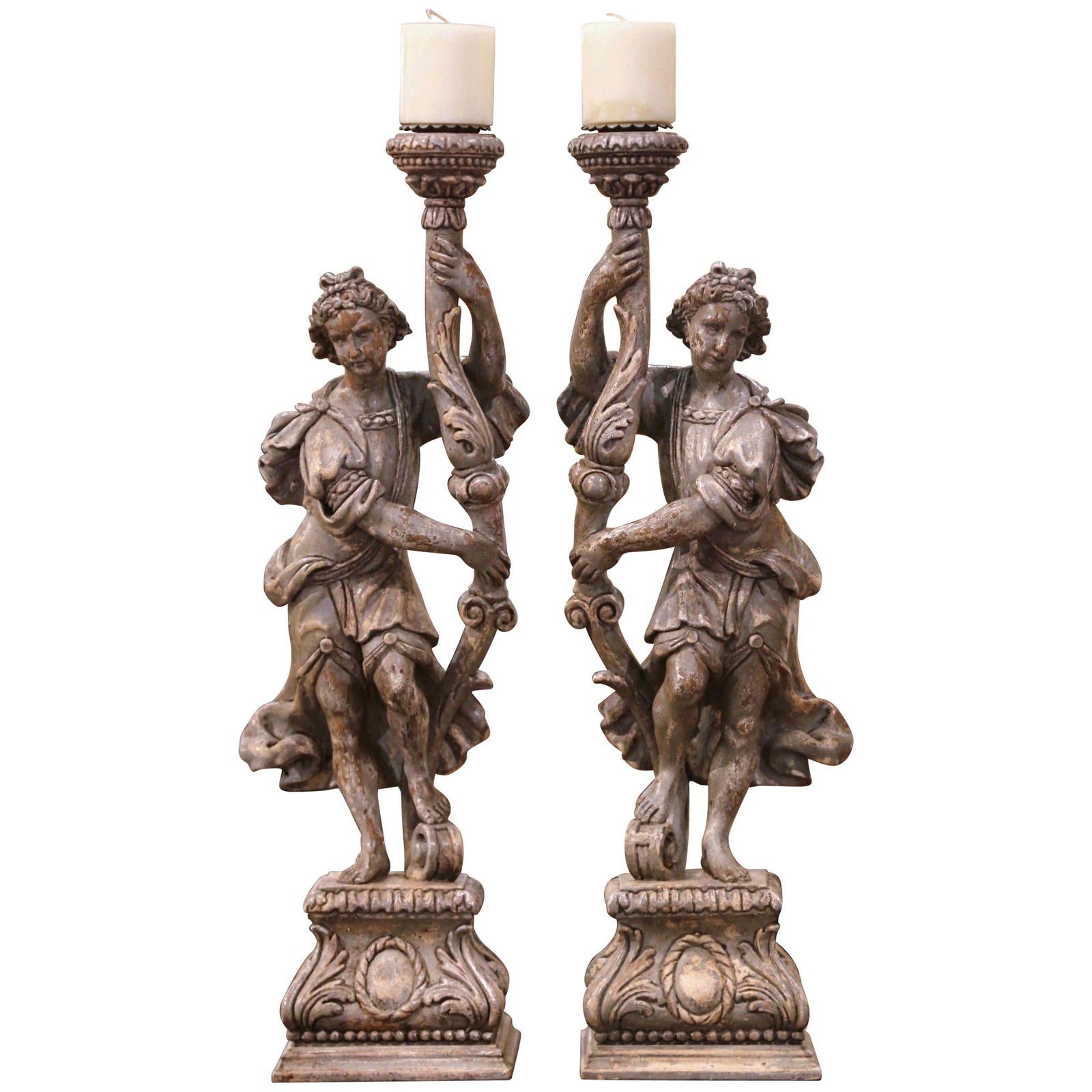 19th Century Italian Neoclassical Hand-Carved Oak Candlestick Set of 2: 19th Century Italian Neoclassical Hand-Carved Oak Candlestick Set of 2 Enhance your space with this exquisite pair of 19th-century Italian Neoclassical painted oak figural candlesticks. Crafted circa