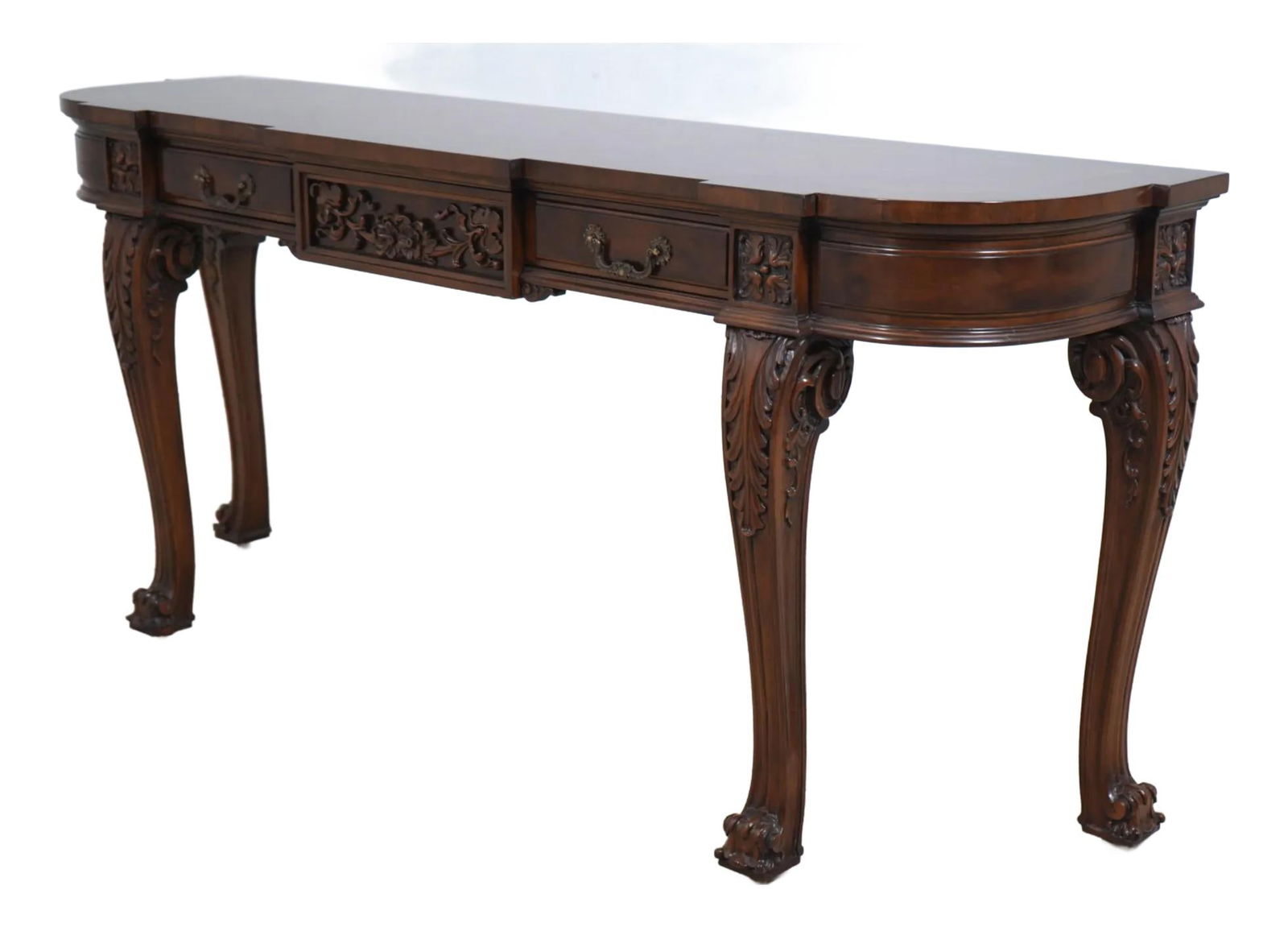 Karges Georgian Walnut Console Table with Brass Hardware: Karges Georgian Walnut Console Table with Brass Hardware This exquisite Karges Georgian Style Walnut Console Table Sideboard is a stunning piece that showcases fine craftsmanship. Constructed approxim
