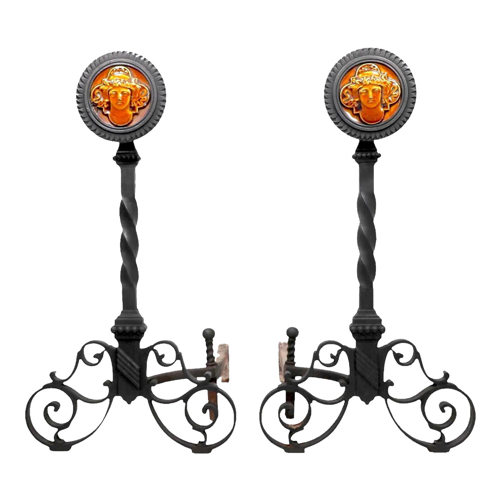 Aesthetic Movement Wrought Iron Andirons with J.G. Low Tiles C. 1880: Aesthetic Movement Wrought Iron Andirons with J.G. Low Tiles C. 1880 Discover these stunning Aesthetic Movement andirons, crafted from a combination of cast and wrought iron, featuring decorative tile