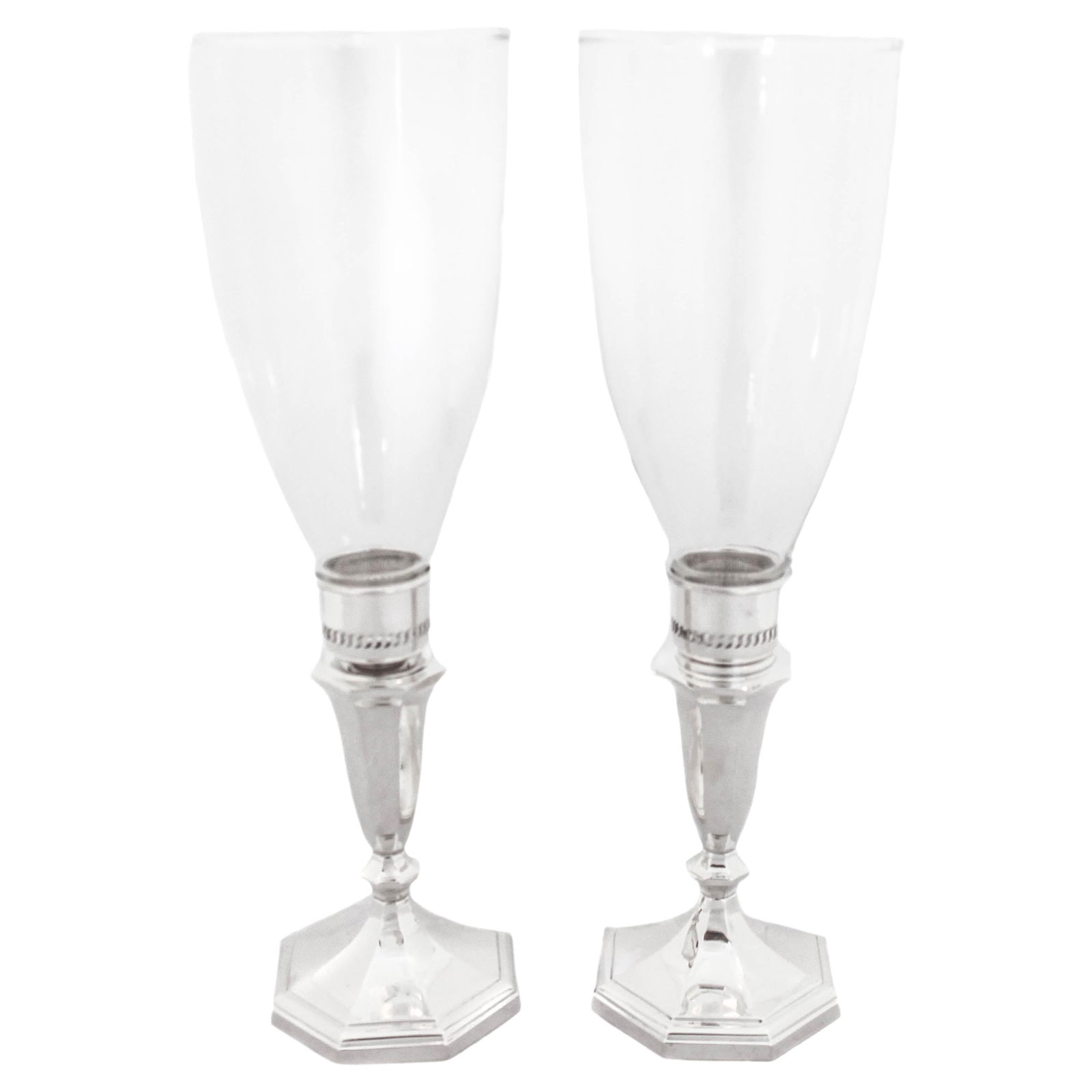 Fisher Brothers Set of 2 Sterling Silver Hurricane Candlesticks 15 in 1940s Federalist Style: Fisher Brothers Set of 2 Sterling Silver Hurricane Candlesticks 15 in 1940s Federalist Style This exquisite pair of Sterling Silver Hurricane Candlesticks exemplifies the elegance of mid-20th century