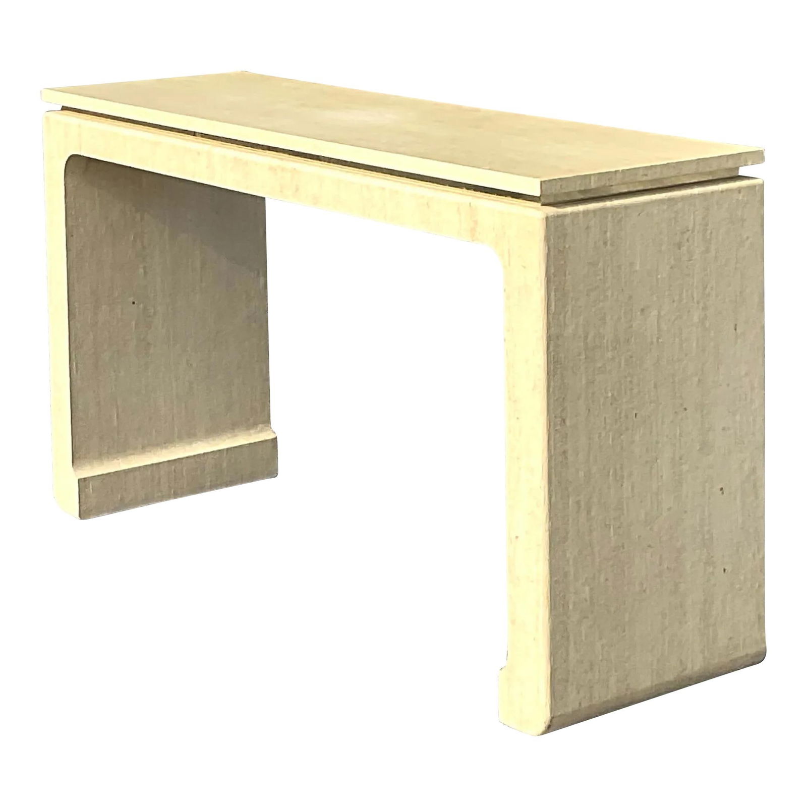 Vintage Boho Grasscloth Console Table with Brass Accent: Vintage Boho Grasscloth Console Table with Brass Accent Discover this stunning late 20th-century vintage Boho console table, featuring a chic grasscloth wrap and a stylish floating top. The design is
