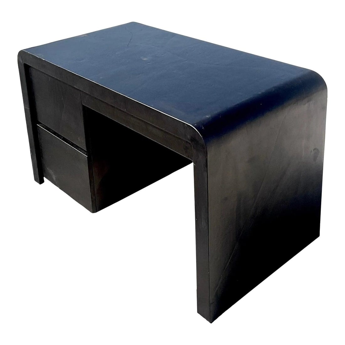 Signed Karl Springer Vintage Waterfall Desk Black Leather 1986: Signed Karl Springer Vintage Waterfall Desk Black Leather 1986 This stunning late 20th-century vintage contemporary writing desk showcases the artistry of the renowned designer Karl Springer. Crafted