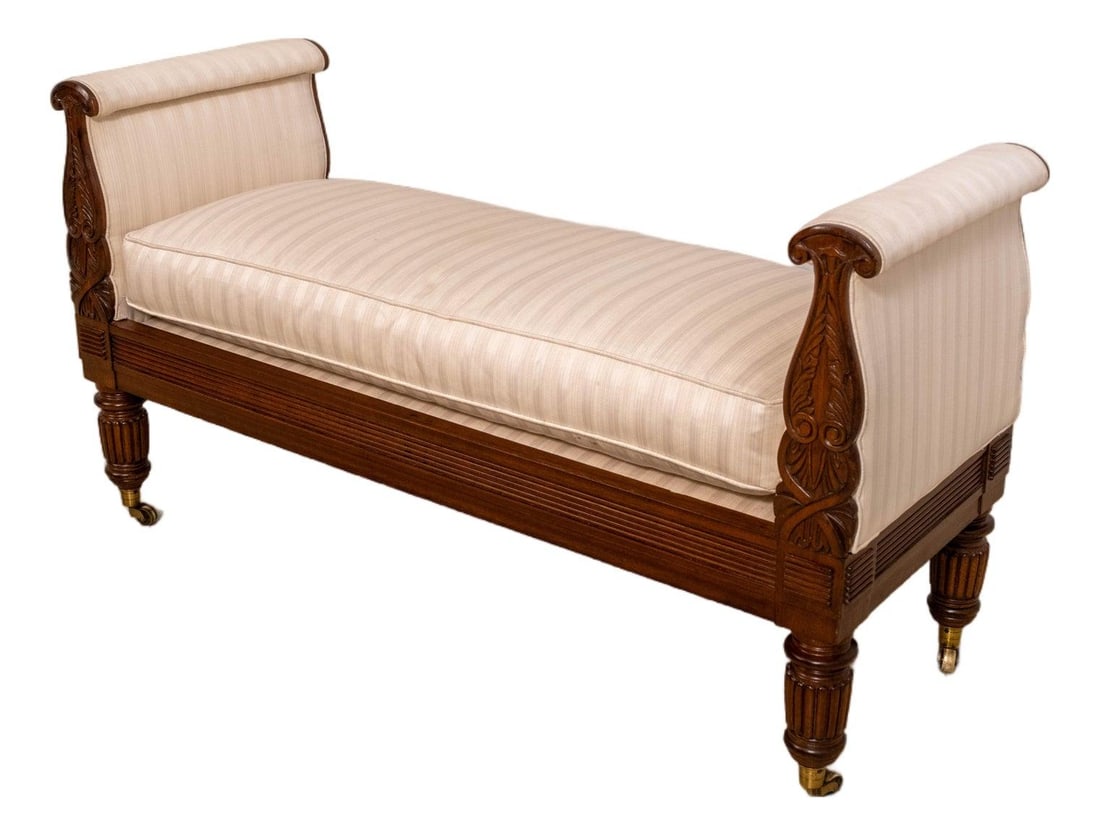Hickory Chair Mahogany Upholstered Window Bench with Brass Feet: Hickory Chair Mahogany Upholstered Window Bench with Brass Feet This exquisite William IV window bench is crafted from high-quality mahogany, showcasing fine carved details that highlight its traditio