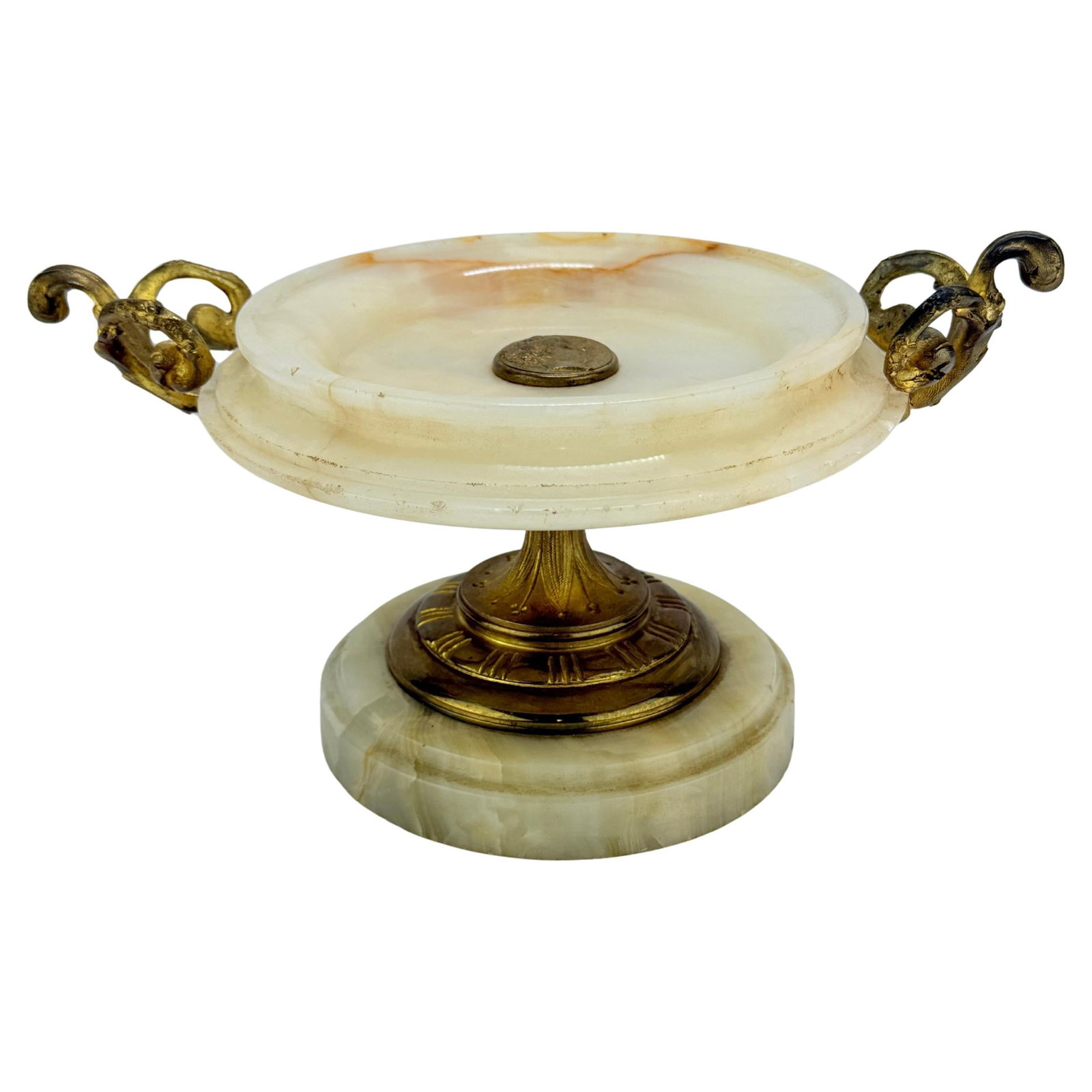19th Century French Neoclassical Onyx Bronze Tazza Grand Tour Decorative Piece: 19th Century French Neoclassical Onyx Bronze Tazza Grand Tour Decorative Piece This exquisite 19th-century French neoclassical tazza, or ornamental compote, showcases a stunning combination of onyx an