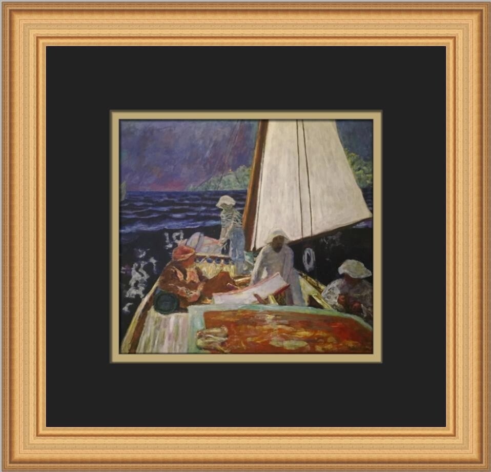 Pierre Bonnard Signac and His Friends Custom Framed Art Print: Pierre Bonnard Signac and His Friends Custom Framed Art Print This exquisite custom framed print features Pierre Bonnard's captivating artwork titled "Signac and His Friends in the Sailing Boat." The
