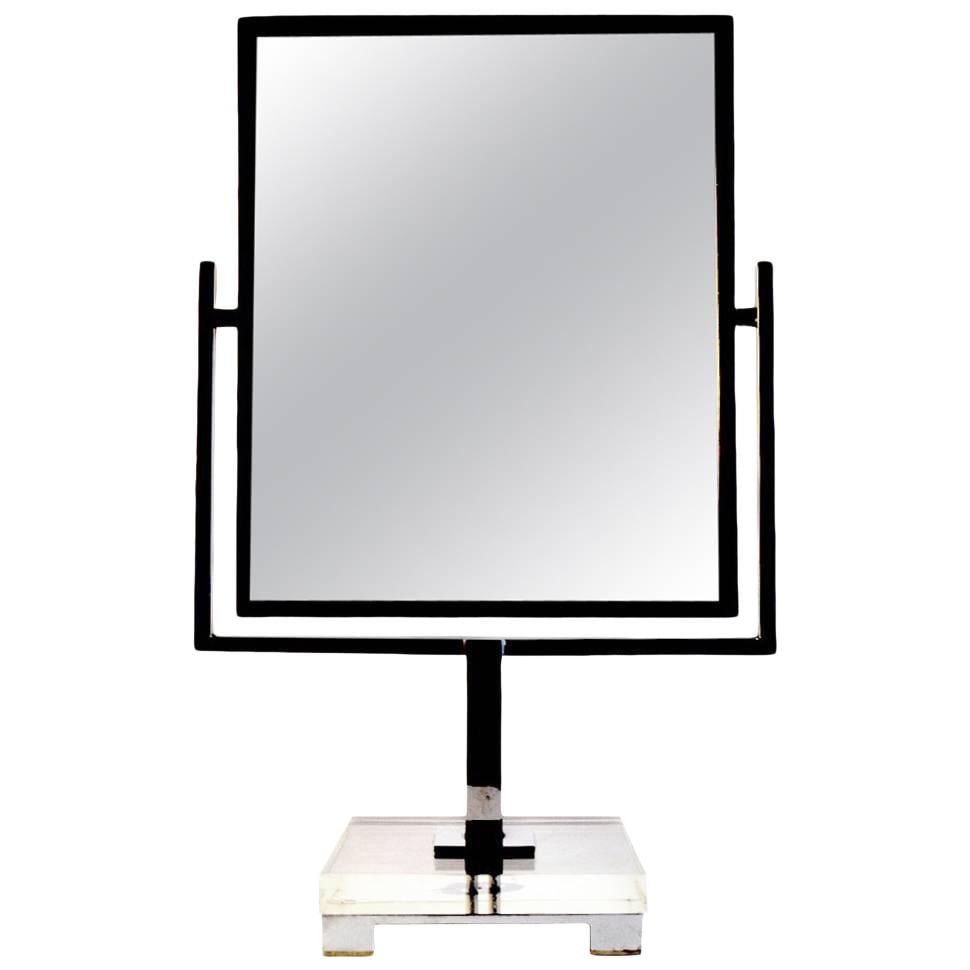 Charles Hollis Jones 1970s Two-Sided Chrome Lucite Mirror: Charles Hollis Jones 1970s Two-Sided Chrome Lucite Mirror This striking two-sided mirror features a bright chrome easel, elegantly mounted on a Lucite and chrome base. Designed by Charles Hollis Jones