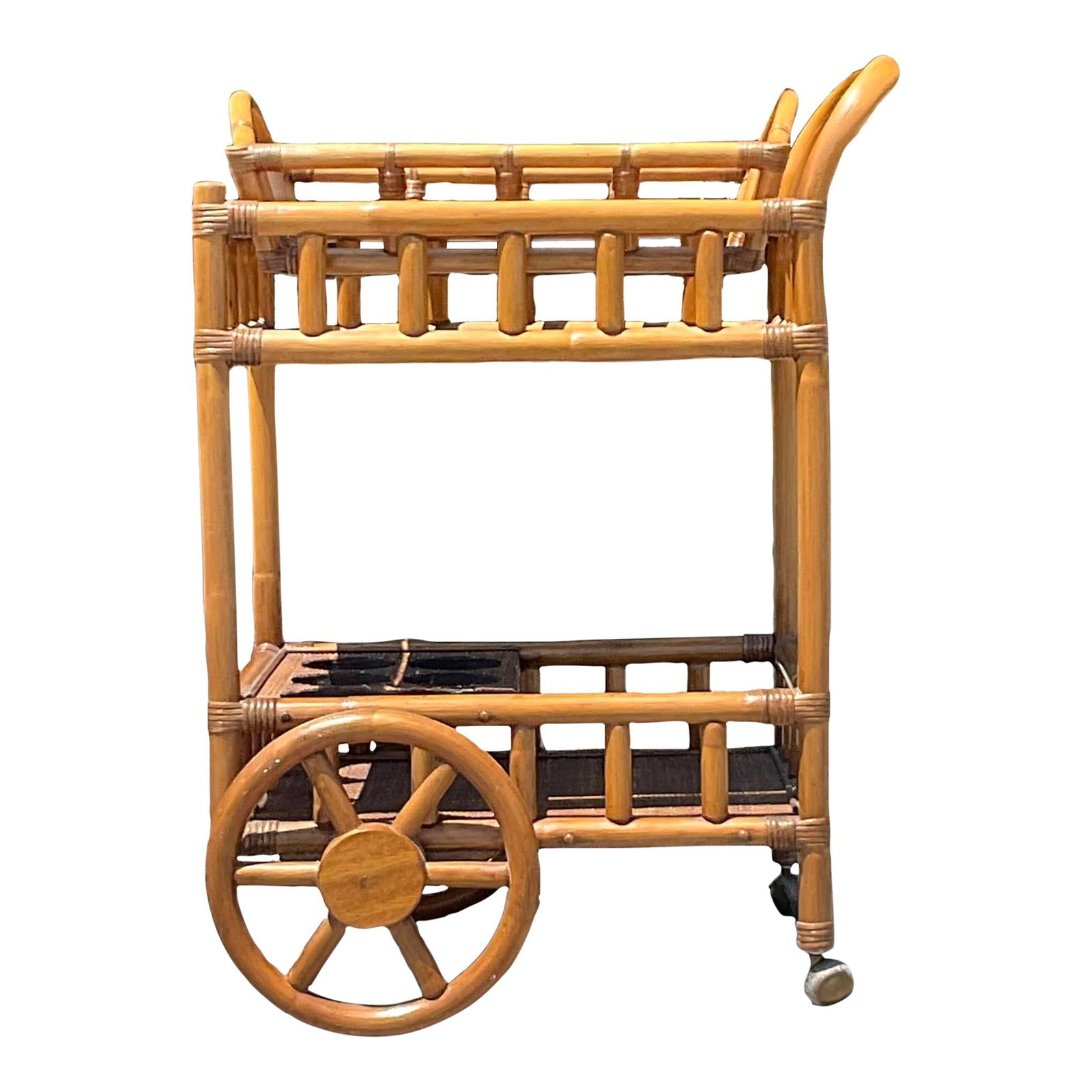 Vintage Coastal Rattan Bar Cart Mid 20th Century Chocolate Finish: Vintage Coastal Rattan Bar Cart Mid 20th Century Chocolate Finish Bring a touch of seaside charm to your home with this Vintage Coastal Rattan Bar Cart. Expertly crafted from natural rattan, this bar
