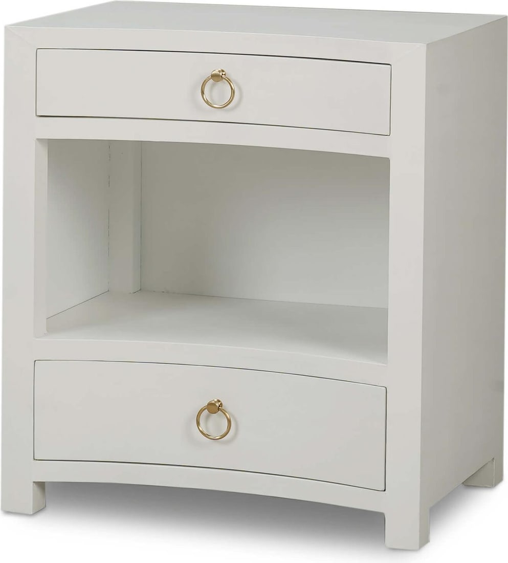 Bramble Mornington Linen Wrapped Nightstand by Steven Shell in True White: Bramble Mornington Linen Wrapped Nightstand by Steven Shell in True White Introducing the Elegant Linen Wrapped Nightstand, designed by Steven Shell. This stunning piece features a true white finish t