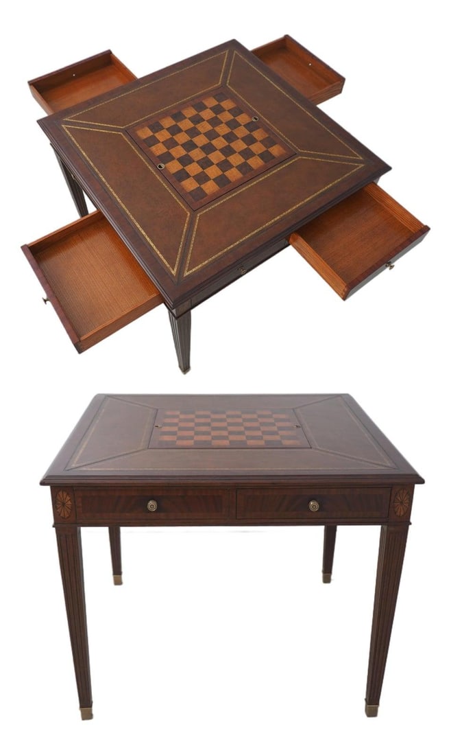 Scarborough House Mahogany Games Table with Leather Top: Scarborough House Mahogany Games Table with Leather Top This exquisite Scarborough House games table features a stunning reversible game board top, allowing for versatile gameplay. Crafted from rich m
